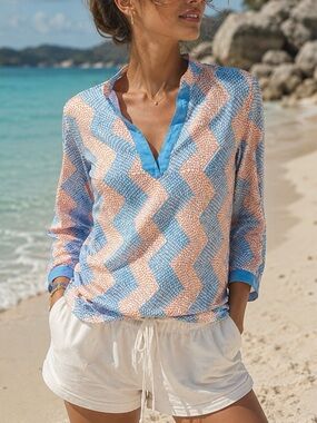 Oliphant Zig Zag Blue Orange V Neck Cotton Tunic Top‎ Blouse size Small